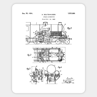 Steam Train Patent - Steam Locomotive Art - Black And White Sticker